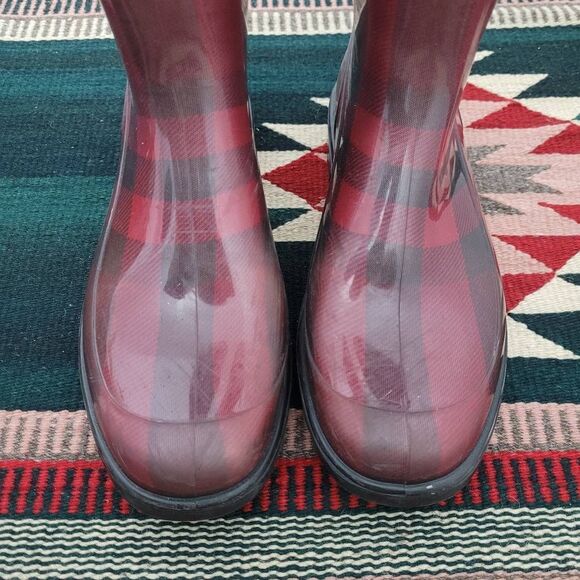 Burberry Burgundy Red Check Rubber Rain Boots Sz 37 US 7 Knee High Designer - Picture 3 of 6